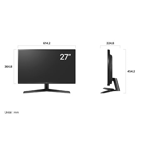 Moniteur LG UltraGear 27GS60F affichant les dimensions de face et de profil, mesurant 614.2 mm de largeur, 364.8 mm de hauteur d'écran, 454.2 mm de hauteur totale et 224.8 mm de profondeur.
