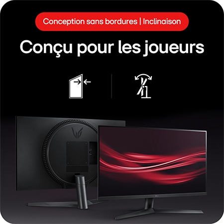 Moniteur Gaming LG UltraGear 27GS60F, présentant un design sans bordures et la fonctionnalité d'inclinaison (Tilt) du support, conçu pour les joueurs.