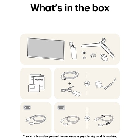 Illustration des accessoires fournis avec le Moniteur LG UltraGear 27GS60F, détaillant le manuel, l'adaptateur secteur CA et les options de câble HDMI ou DisplayPort incluses.