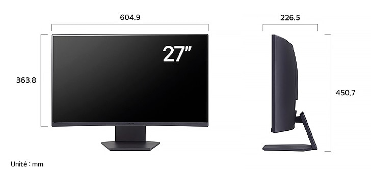Moniteur LG UltraGear 27GS60QC affichant les dimensions de face et de profil, mesurant 604.9 mm de largeur, 363.8 mm de hauteur d'écran, 450.7 mm de hauteur totale et 226.5 mm de profondeur.