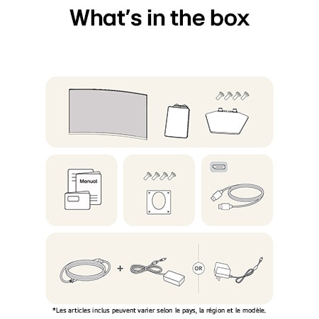 Illustration des accessoires fournis avec le Moniteur LG UltraGear 27GS60QC, détaillant le manuel, l'adaptateur secteur CA et les options de câble HDMI ou DisplayPort incluses.