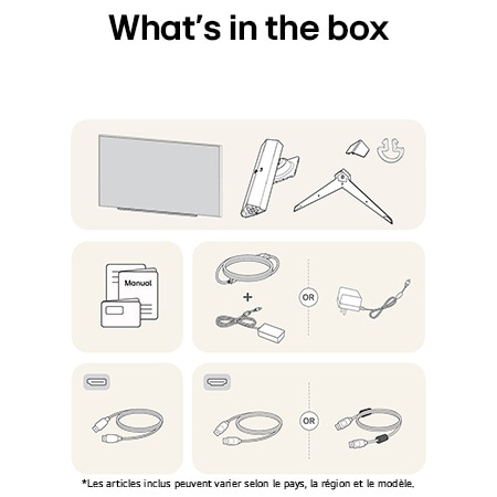 Moniteur Gaming LG UltraGear 27GS75Q-B affichant un aperçu de tous les composants fournis, incluant le corps du moniteur, les pièces du support, le manuel et les câbles HDMI, DP et USB.