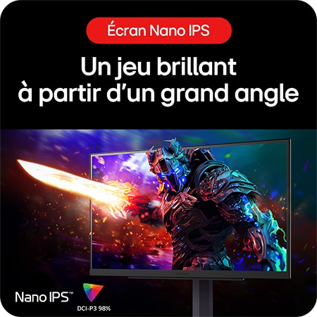 Gros plan de la Dalle Nano IPS™ du Moniteur Gaming LG UltraGear 27GS85Q, offrant des graphismes de jeu brillants avec un large angle de vision et un gamut de couleur DCI-P3 98%.