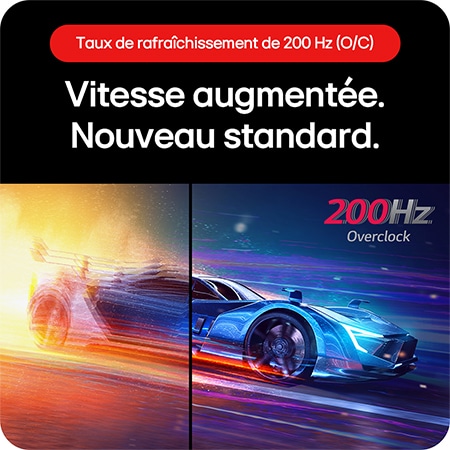 Moniteur Gaming LG UltraGear 27GS85Q, avec un taux de rafraîchissement overclocké de 200 Hz, fournissant une vitesse améliorée pour un affichage extrêmement fluide.