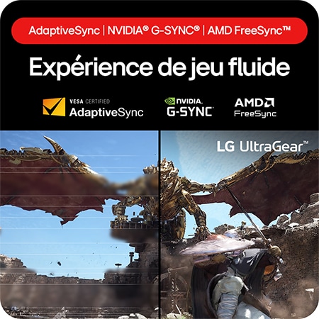 Moniteur Gaming LG UltraGear 27GS85Q prenant en charge AdaptiveSync, NVIDIA G-SYNC et AMD FreeSync, pour une expérience de jeu fluide et sans déchirure.