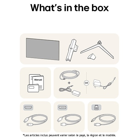 Moniteur Gaming LG UltraGear 27GS95QE-B affichant un aperçu de tous les composants fournis, incluant le corps du moniteur, les pièces du support, le manuel et les câbles HDMI, DP et USB.