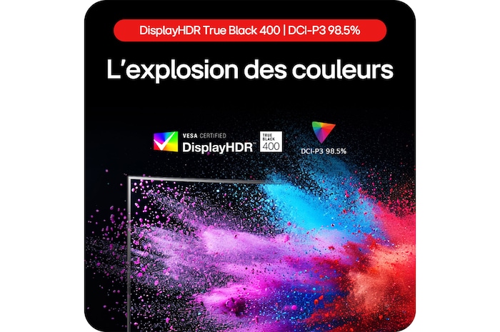 Moniteur Gaming LG UltraGear 34GS95QE présentant une explosion de couleurs grâce à DisplayHDR True Black 400 et une couverture DCI-P3 98.5%