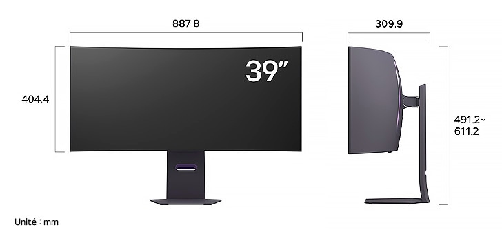 Moniteur LG UltraGear 39GS95QE affichant les dimensions de face et de profil, mesurant 887.8 mm de largeur, 404.4 mm de hauteur d'écran, 491.2 - 611.2 mm de hauteur totale et 309.9 mm de profondeur.
