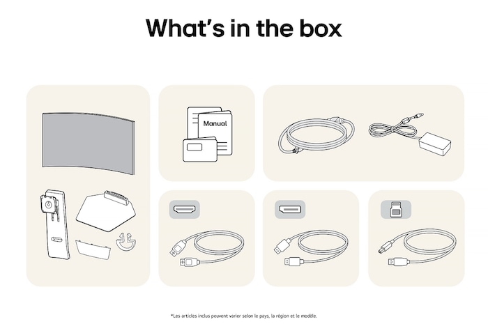 Moniteur Gaming LG UltraGear 39GS95QE affichant un aperçu de tous les composants fournis, incluant le corps du moniteur, les pièces du support, le manuel et les câbles HDMI, DP et USB.