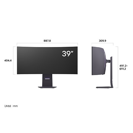 Moniteur LG UltraGear 39GS95QE affichant les dimensions de face et de profil, mesurant 887.8 mm de largeur, 404.4 mm de hauteur d'écran, 491.2 - 611.2 mm de hauteur totale et 309.9 mm de profondeur.