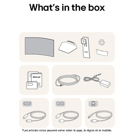 Moniteur Gaming LG UltraGear 39GS95QE affichant un aperçu de tous les composants fournis, incluant le corps du moniteur, les pièces du support, le manuel et les câbles HDMI, DP et USB.