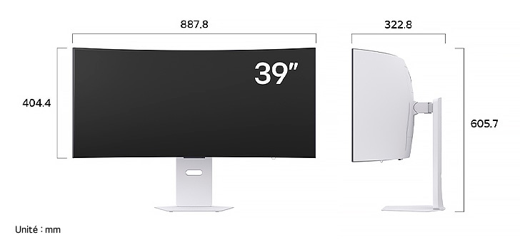 Moniteur LG 39GX90SA au fini blanc affichant les dimensions de l'écran incurvé, mesurant 887.8 mm de largeur, 404.4 mm de hauteur d'écran, 605.7 mm de hauteur totale et 322.8 mm de profondeur.