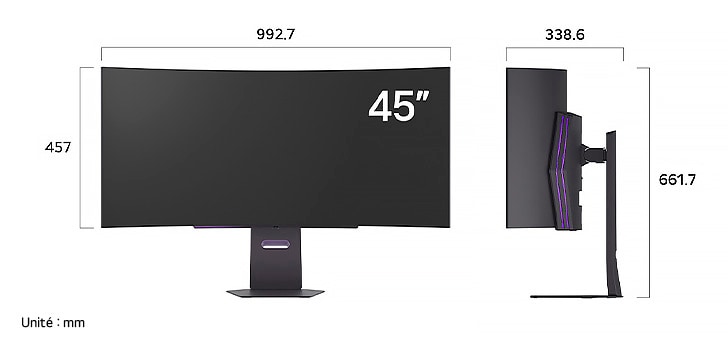 Moniteur LG 45GX90SA au fini sombre affichant les dimensions de l'écran incurvé de 45 pouces, mesurant 992.7 mm de largeur, 457 mm de hauteur d'écran, 661.7 mm de hauteur totale et 338.6 mm de profondeur.