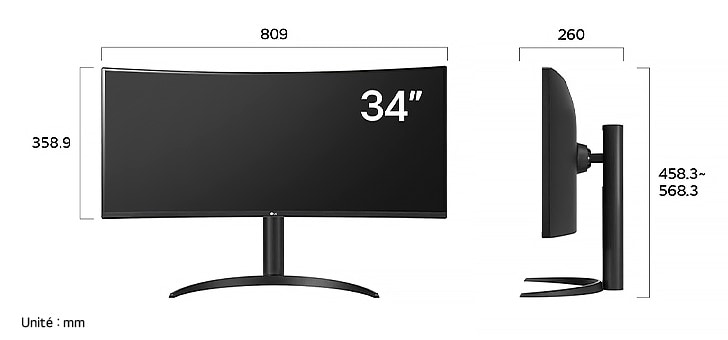 Moniteur LG UltraWide 34WR55QK en finition noir mat affichant les dimensions, mesurant 809 mm de largeur, 358,9 mm de hauteur d'écran, 458,3 mm à 568,3 mm de hauteur totale et 260 mm de profondeur.