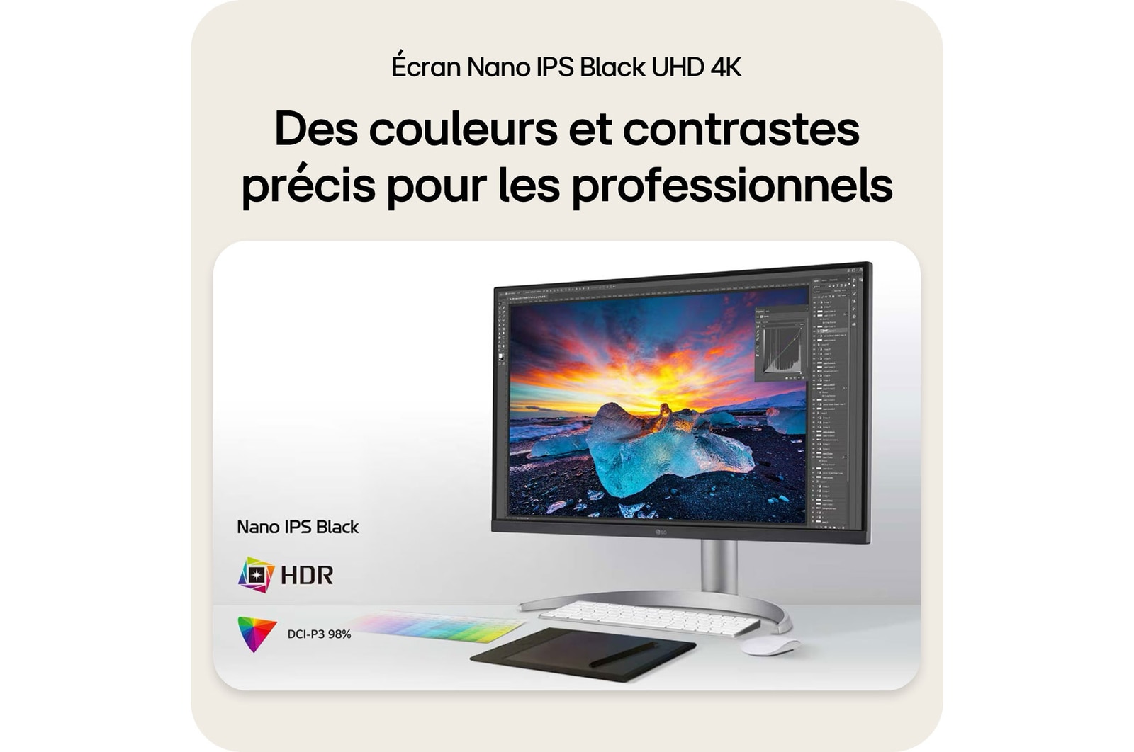 Moniteur LG32UQ850V-W, doté d'une Dalle Nano IPS Black et du DCI-P3 98%, offrant des couleurs et contrastes précis en 4K UHD pour les professionnels.
