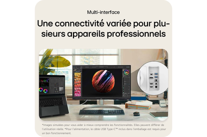 Moniteur LG32UQ850V-W, doté de l'USB-C et d'une connectivité multi-interface, offrant une fonction de concentrateur pour connecter plusieurs appareils professionnels au moniteur.