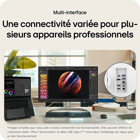 Moniteur LG32UQ850V-W, doté de l'USB-C et d'une connectivité multi-interface, offrant une fonction de concentrateur pour connecter plusieurs appareils professionnels au moniteur.