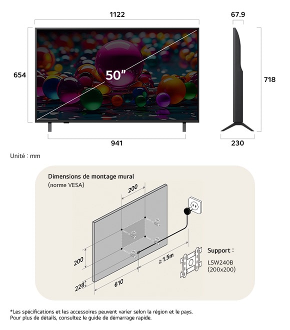 Vue dimensionnelle du LG UHD AI 4K UA75 50-inch, 1122×718×230 mm, panel 67.9 mm, VESA 200x200.