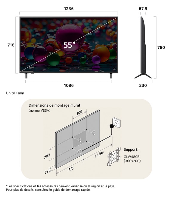 Vue dimensionnelle du LG UHD AI 4K UA75 55-inch, 1236×780×230 mm, panel 67.9 mm, VESA 300x200.