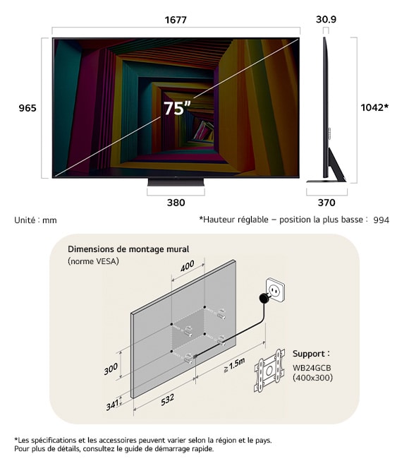 Vue dimensionnelle du LG UHD AI 4K UT91 75-inch, 1677×1042×370 mm, panel 30.9 mm, VESA 400x300, lowest position 994 mm.
