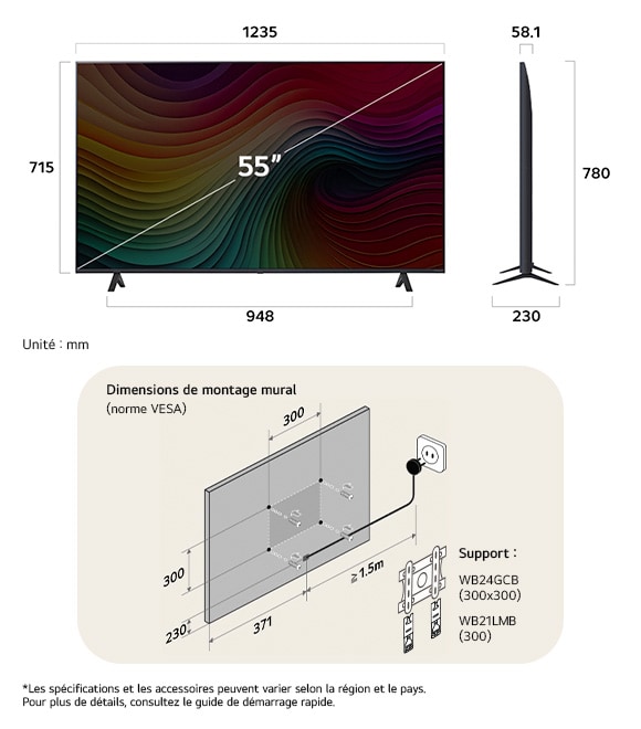 Vue dimensionnelle du LG NanoCell AI NANO82 4K Smart TV 55-inch, 1235×780×230 mm, panel 58.1 mm, VESA 300x300.