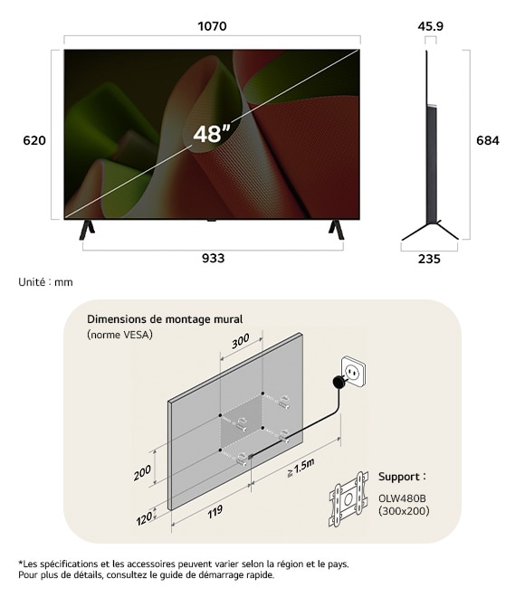Vue dimensionnelle du LG OLED AI B4 4K 48-inch, 1070×684×235 mm, panel 45.9 mm, VESA 300x200.
