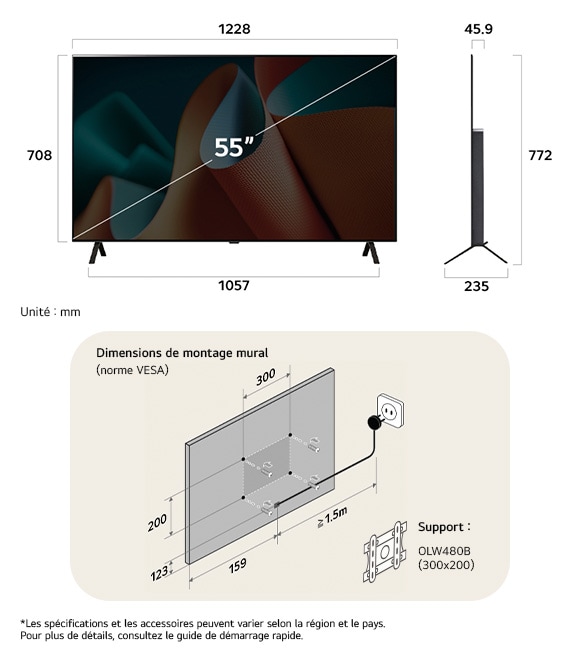 Vue dimensionnelle du LG OLED AI B4 4K 55-inch, 1228×772×235 mm, panel 45.9 mm, VESA 300x200.