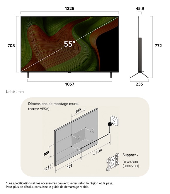 Vue dimensionnelle du LG OLED AI B5 4K 55-inch, 1228×772×235 mm, panel 45.9 mm, VESA 300x200.