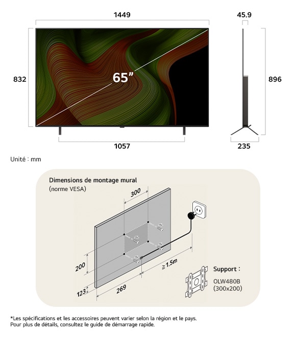 Vue dimensionnelle du LG OLED AI B5 4K 65-inch, 1449×896×235 mm, panel 45.9 mm, VESA 300x200.