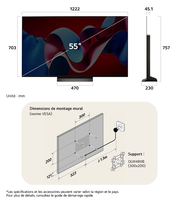 Vue dimensionnelle du LG OLED evo AI C4 4K 55-inch, 1222×757×230 mm, panel 45.1 mm, VESA 300x200.