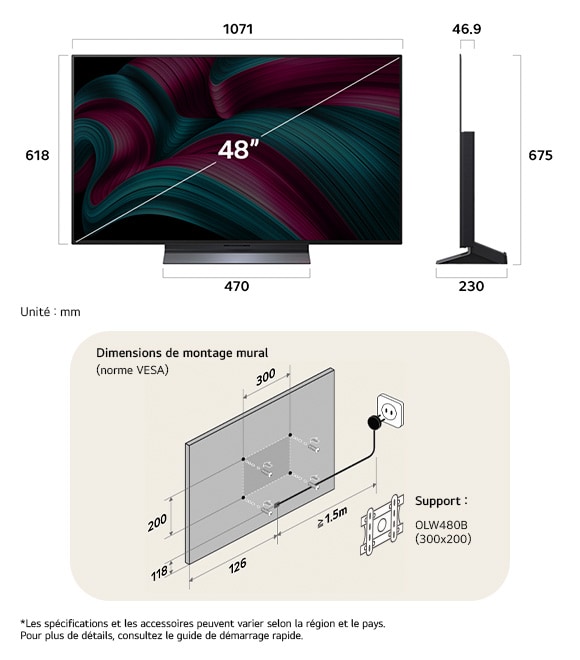 Vue dimensionnelle du LG OLED evo AI C5 4K 48-inch, 1071×675×230 mm, panel 46.9 mm, VESA 300x200.