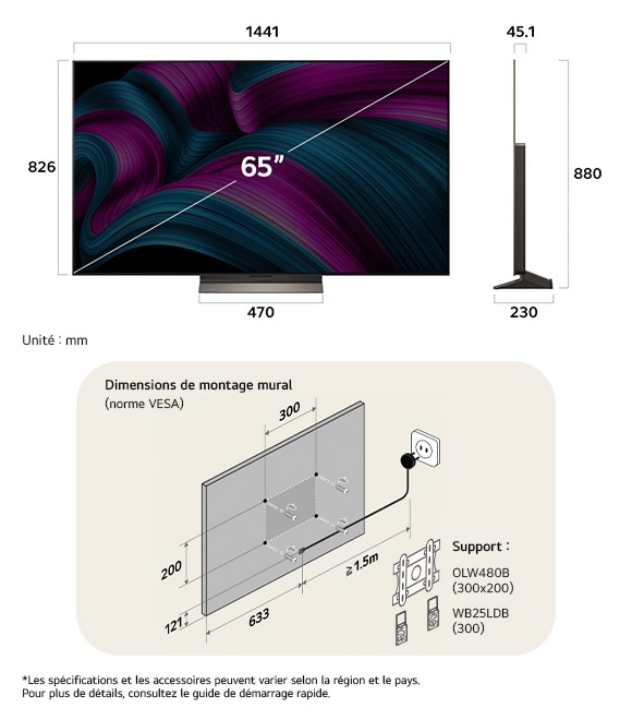 Vue dimensionnelle du LG OLED evo AI C5 4K 65-inch, 1441×880×230 mm, panel 45.1 mm, VESA 300x200.