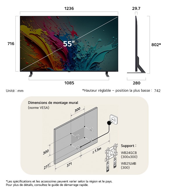 Vue dimensionnelle du LG QNED MiniLED AI QNED85 4K 55-inch, 1236×783×257 mm, panel 29.7 mm, VESA 300x300.