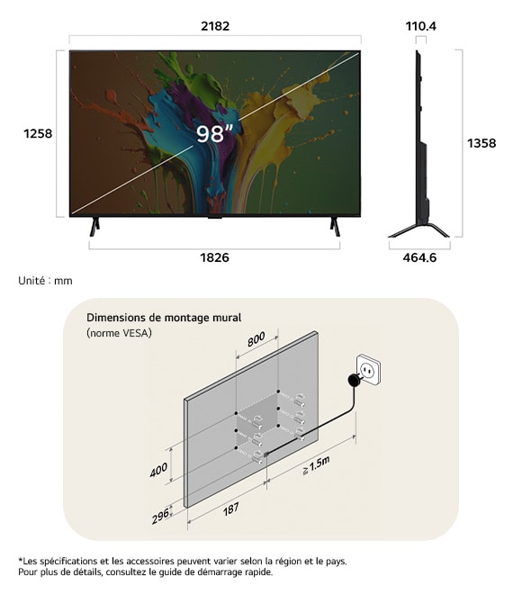 Vue dimensionnelle du LG QNED MiniLED AI QNED89 4K 98-inch, 2182×1358×464.6 mm, panel 110.4 mm, VESA 800x400.