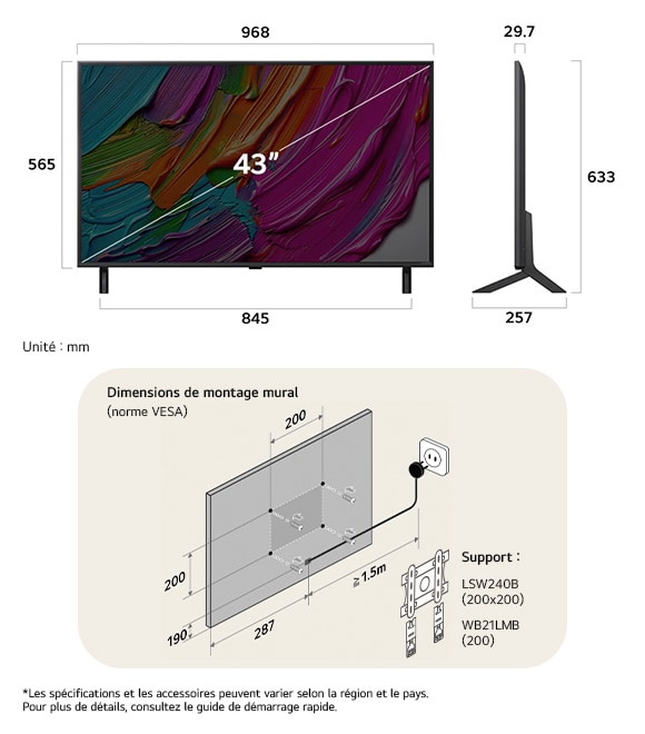 Vue dimensionnelle du LG QNED MiniLED AI QNED8E 4K 43-inch, 968×633×257 mm, panel 29.7 mm, VESA 200x200.