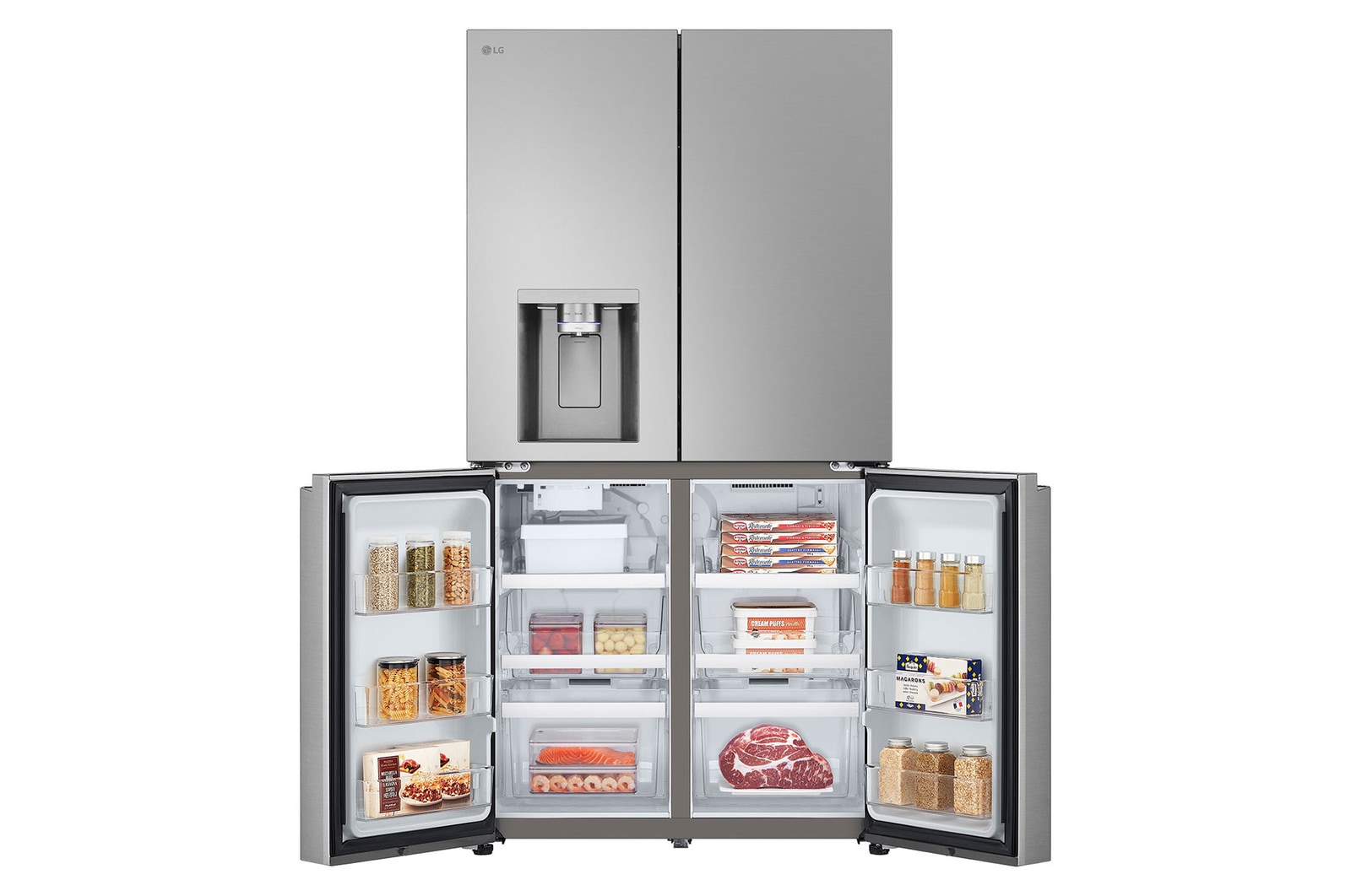 Réfrigérateur Multi-Portes LG GMF960PY2E au fini argenté, présentant le système LG ThinQ™ et le contrôle des réglages à distance via une application mobile.