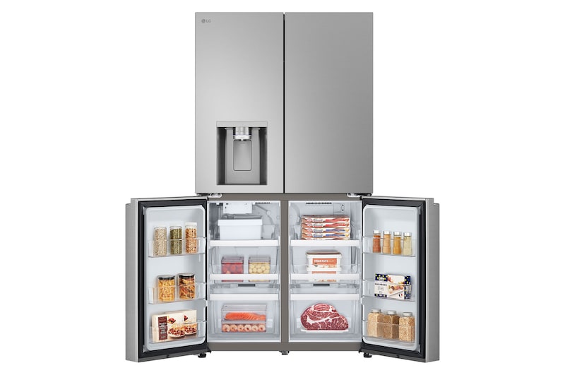 Réfrigérateur Multi-Portes LG GMF960PY2E au fini argenté, présentant le système LG ThinQ™ et le contrôle des réglages à distance via une application mobile.