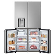 Réfrigérateur Multi-Portes LG GMF960PY2E au fini argenté, présentant le système LG ThinQ™ et le contrôle des réglages à distance via une application mobile.