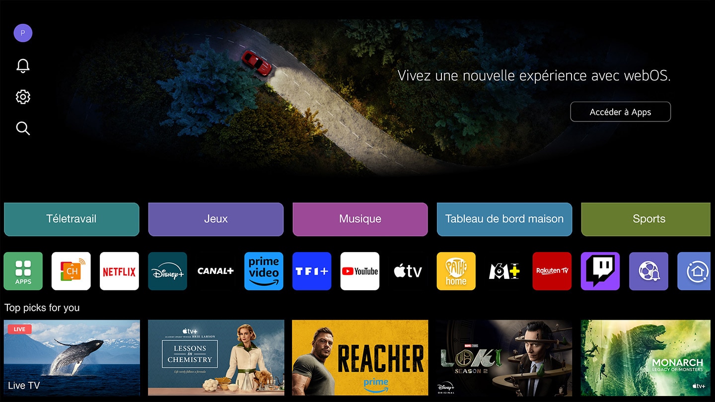 Une Image d’une Smart TV LG web OS. Sur la page web OS, on voit une icône de l’application Apple TV+.