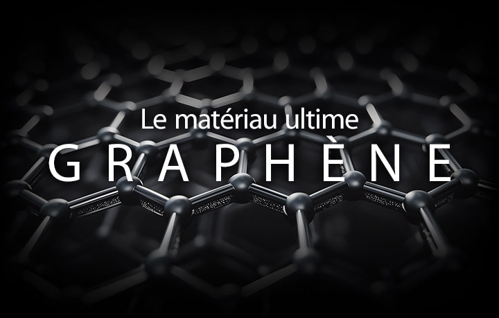 On voit une image d’un motif hexagonal. Devant l’image, la phrase « Le matériau ultime : GRAPHÈNE » est écrite.