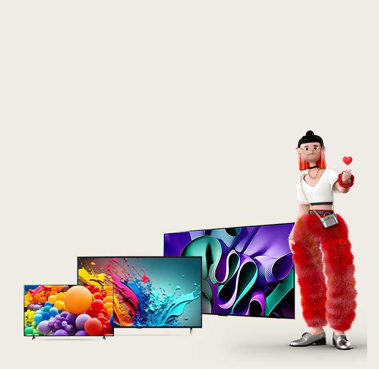 Une silhouette féminine animée qui fait un cœur avec les mains, à côté de trois télévisions OLED/QNED : la première est une LG OLED TV, la deuxième est une LG QNED TV sur un support et la troisième est une LG OLED TV M4 avec support 2 pieds. Sur la gauche, apparaissent les mots « Comment puis-je choisir la meilleure télévision ? » et un bouton rouge avec les mots « Apprendre plus ».