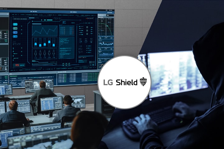 Sur la gauche, l’image montre des personnes travaillant dans une salle de contrôle, tandis que la partie droite montre un hacker tentant une intrusion. Le logo LG Shield entre les deux images symbolise la protection contre les intrusions.