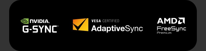 Logos NVIDIA G-SYNC, VESA AdaptiveSync™ certification et AMD FreeSync Premium.