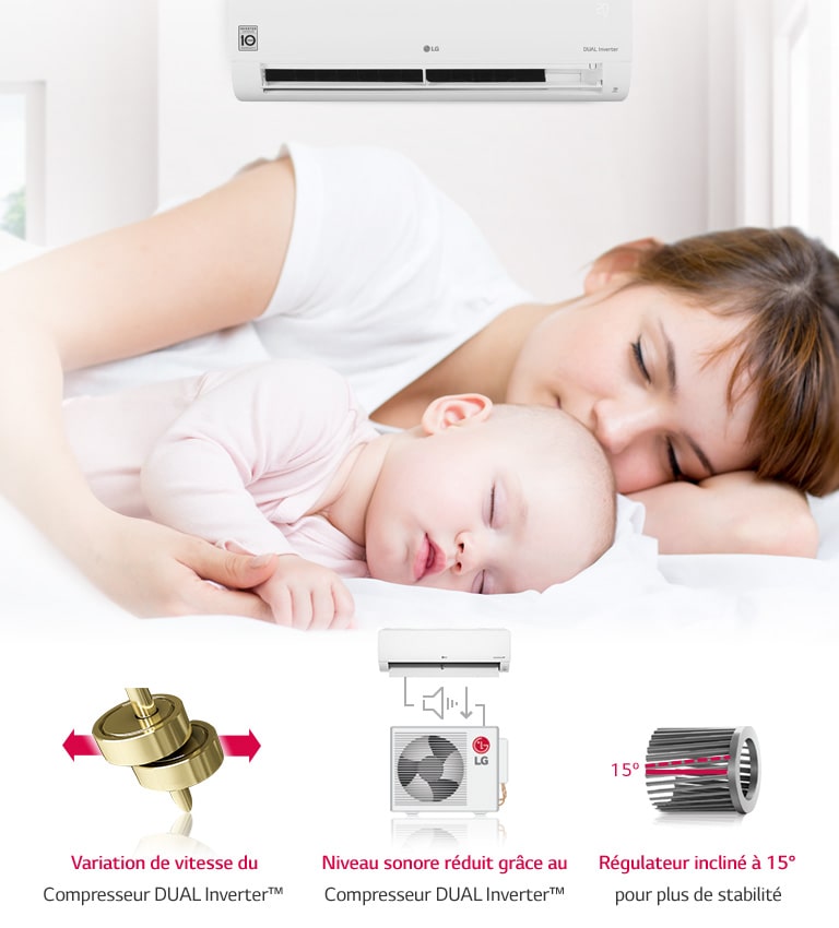 Une femme et son enfant dorment avec le climatiseur en arrière plan