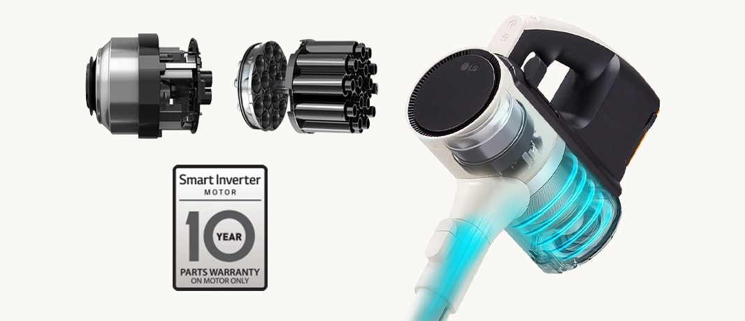 Aspirateur LG avec moteur Smart Inverter, garantie de 10 ans. Vue des composants internes et design moderne.