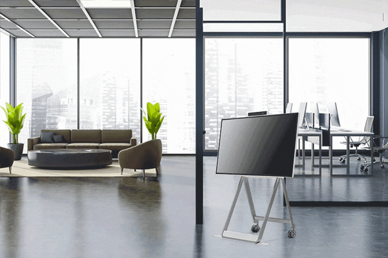 Le LG One:Quick Flex est placé entre le bureau et le salon, avec sa roue mise en évidence.