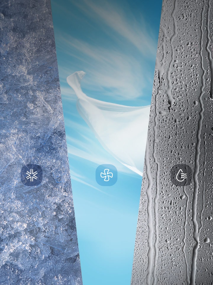 Split image showing ice for cooling, wind for fan mode, and water for dehumidifying mode of LG portable air conditioner.