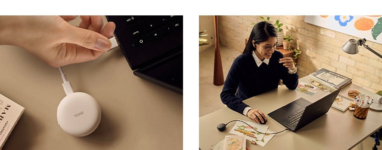 À gauche, une main connecte le boîtier à un port. À droite, une femme place les écouteurs dans ses oreilles pour utiliser la fonction sans fil.