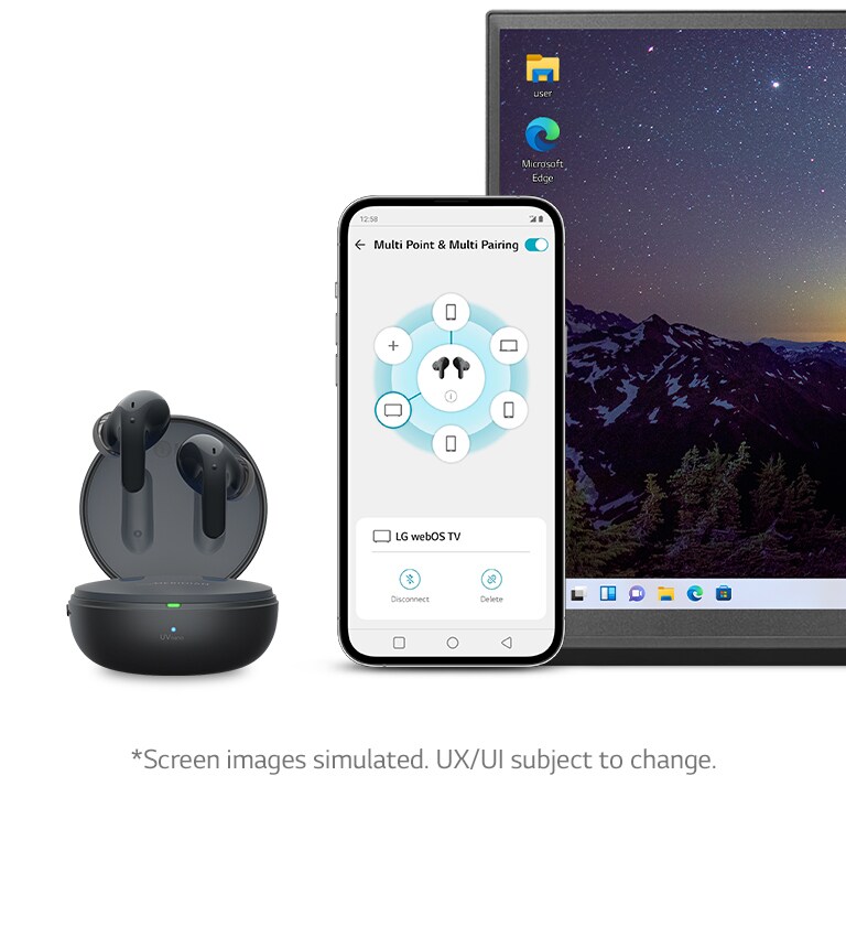 Les écouteurs flottent au-dessus d’un boîtier ouvert. Un smartphone affichant l’application TONE Free sur son écran est placé à côté. On voit également un téléviseur qui montre la facilité du changement de connexion.