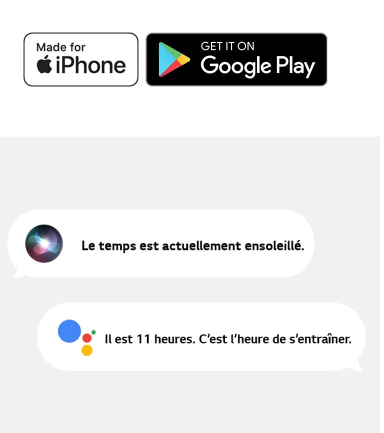 Logo de l’Apple Store. Logo Google Play. Image de Siri disant « Le temps est actuellement ensoleillé » et de l’Assistant Google disant « Il est 11 heures. C’est l’heure de s’entraîner. »